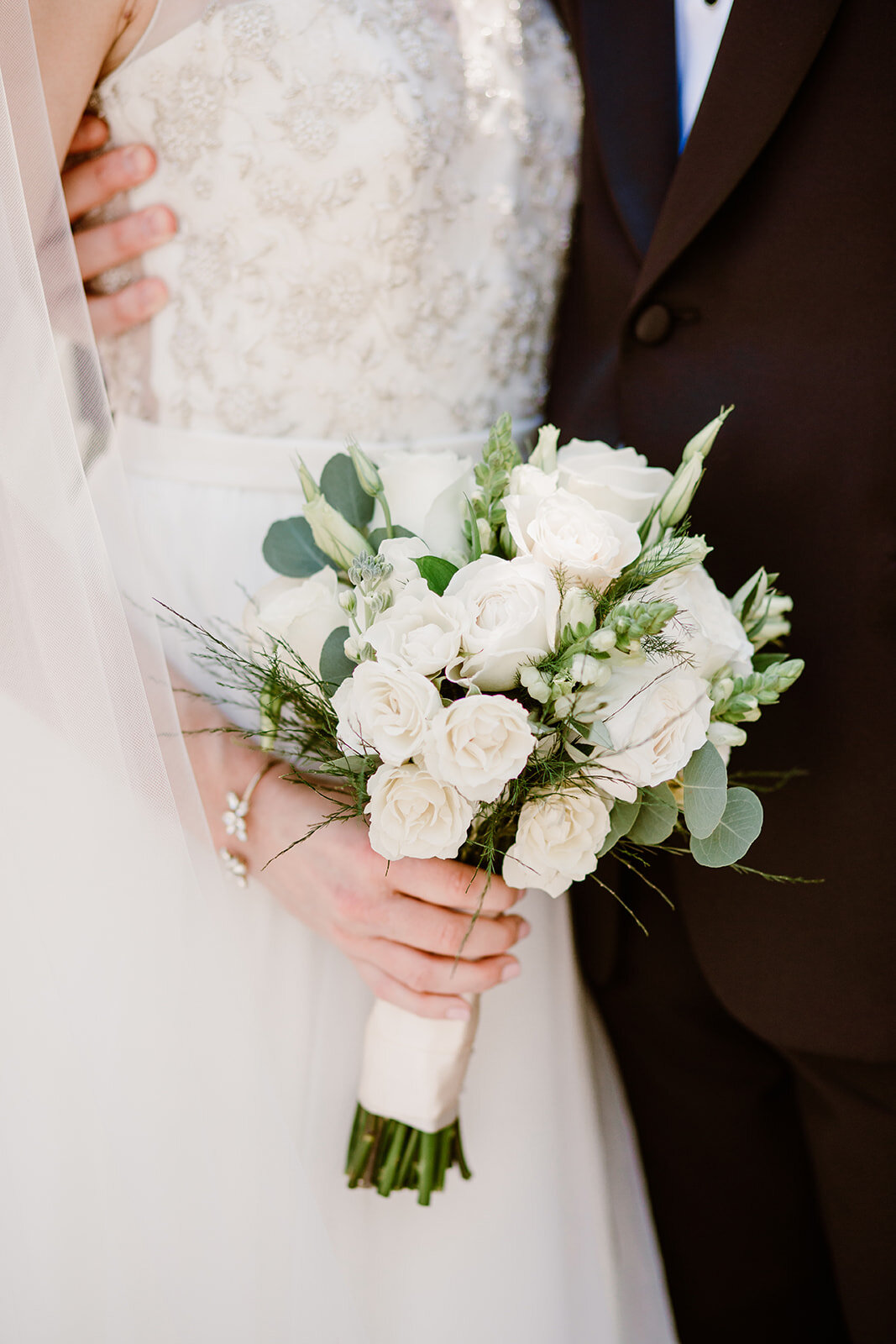  White Rose Bouquet | Bride and Groom portraits | Sarah Mattozzi Photography | Ball Gown Wedding dress and Black Tux | Outdoor Classic Wedding at Third Church and Veritas School | Richmond Wedding Photographer 
