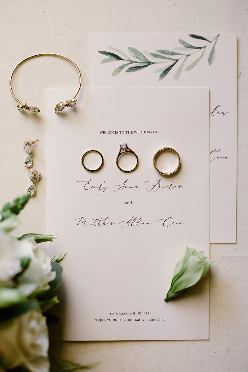  Wedding Details with Rings and Invitations | Sarah Mattozzi Photography | Ball Gown Wedding Dress and Black Tux | Outdoor Classic Wedding at Third Church and Veritas School | Richmond Wedding Photographer 