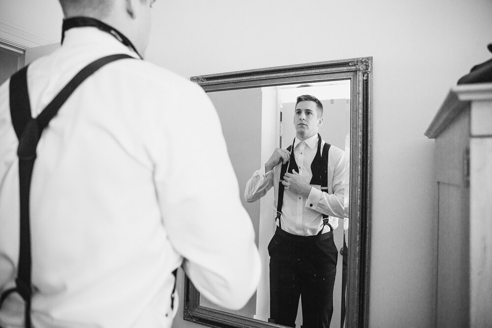  Groom Getting Ready | Sarah Mattozzi Photography | Ball Gown Wedding Dress and Black Tux | Outdoor Classic Wedding at Third Church and Veritas School | Richmond Wedding Photographer 