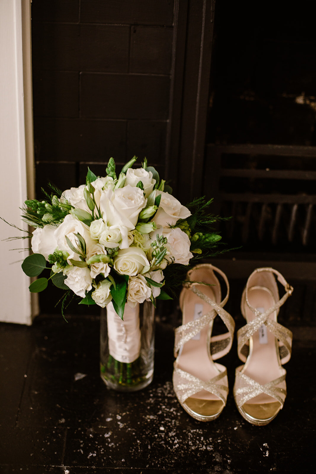  White Rose Bouquet and Gold Neutral Heels | Sarah Mattozzi Photography | Ball Gown Wedding Dress and Black Tux | Outdoor Classic Wedding at Third Church and Veritas School | Richmond Wedding Photographer 
