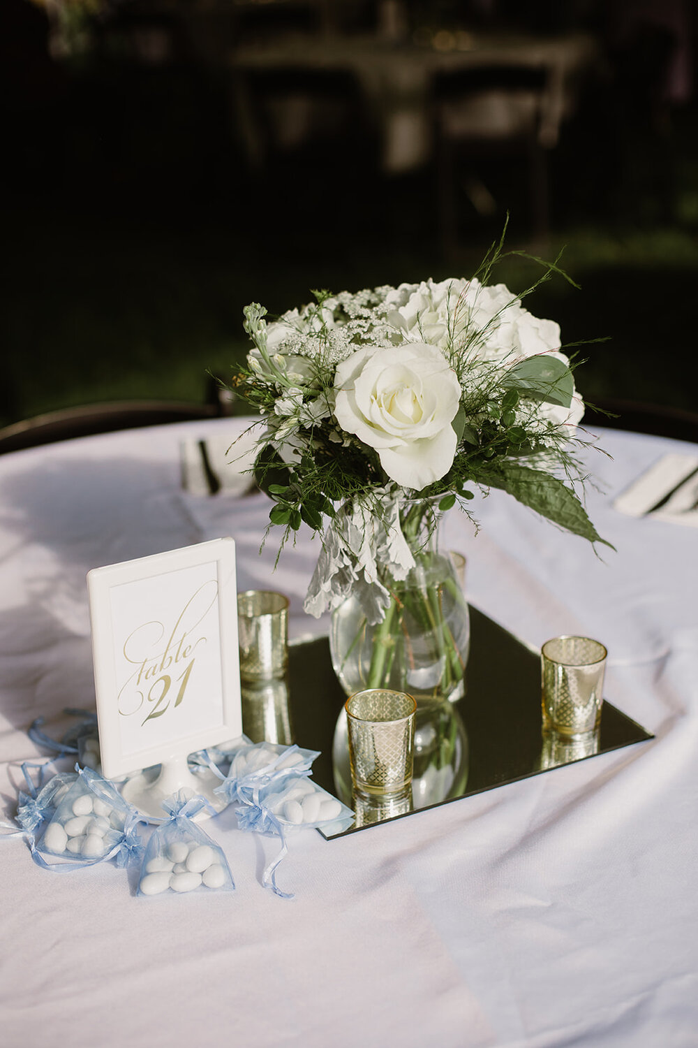  White Rose Centerpieces | Sarah Mattozzi Photography | Ball Gown Wedding dress and Black Tux | Outdoor Classic Wedding at Third Church and Veritas School | Richmond Wedding Photographer 