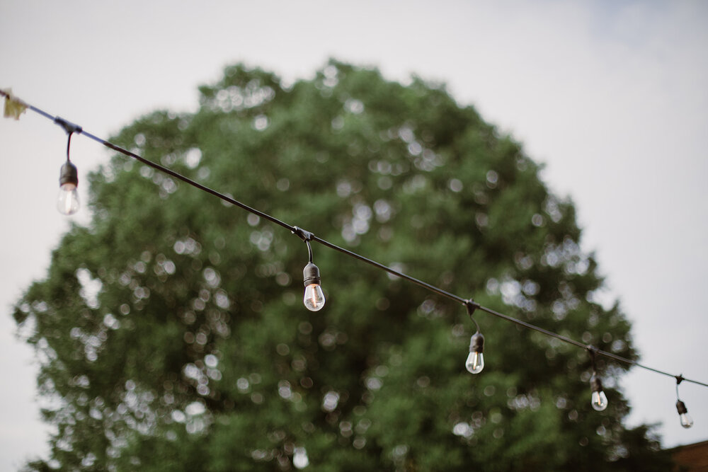  Edison Bulb String Lights | Sarah Mattozzi Photography | Ball Gown Wedding dress and Black Tux | Outdoor Classic Wedding at Third Church and Veritas School | Richmond Wedding Photographer 