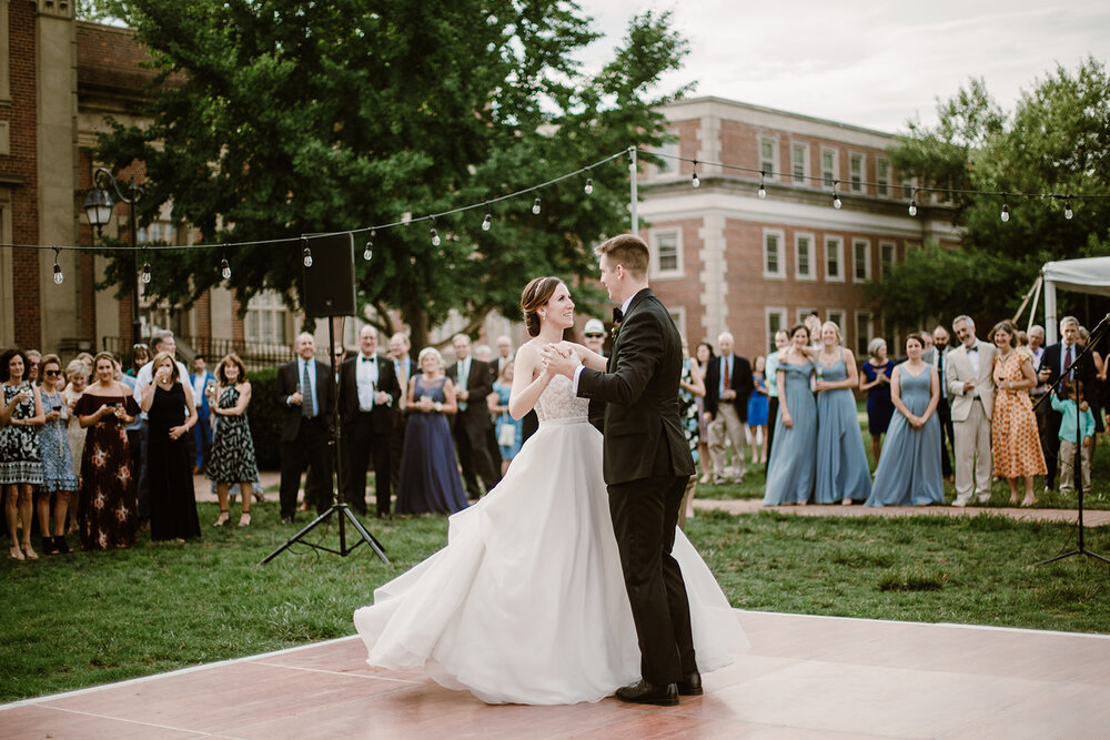  Bride and Groom Dancing | Sarah Mattozzi Photography | Ball Gown Wedding dress and Black Tux | Outdoor Classic Wedding at Third Church and Veritas School | Richmond Wedding Photographer 
