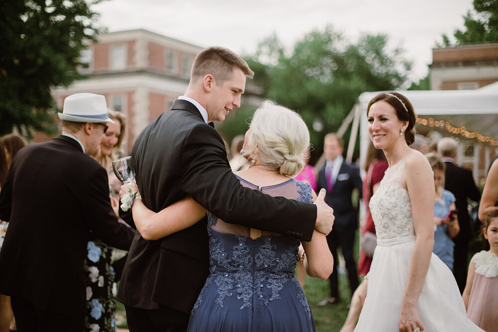  Groom and Mother | Sarah Mattozzi Photography | Ball Gown Wedding dress and Black Tux | Outdoor Classic Wedding at Third Church and Veritas School | Richmond Wedding Photographer 