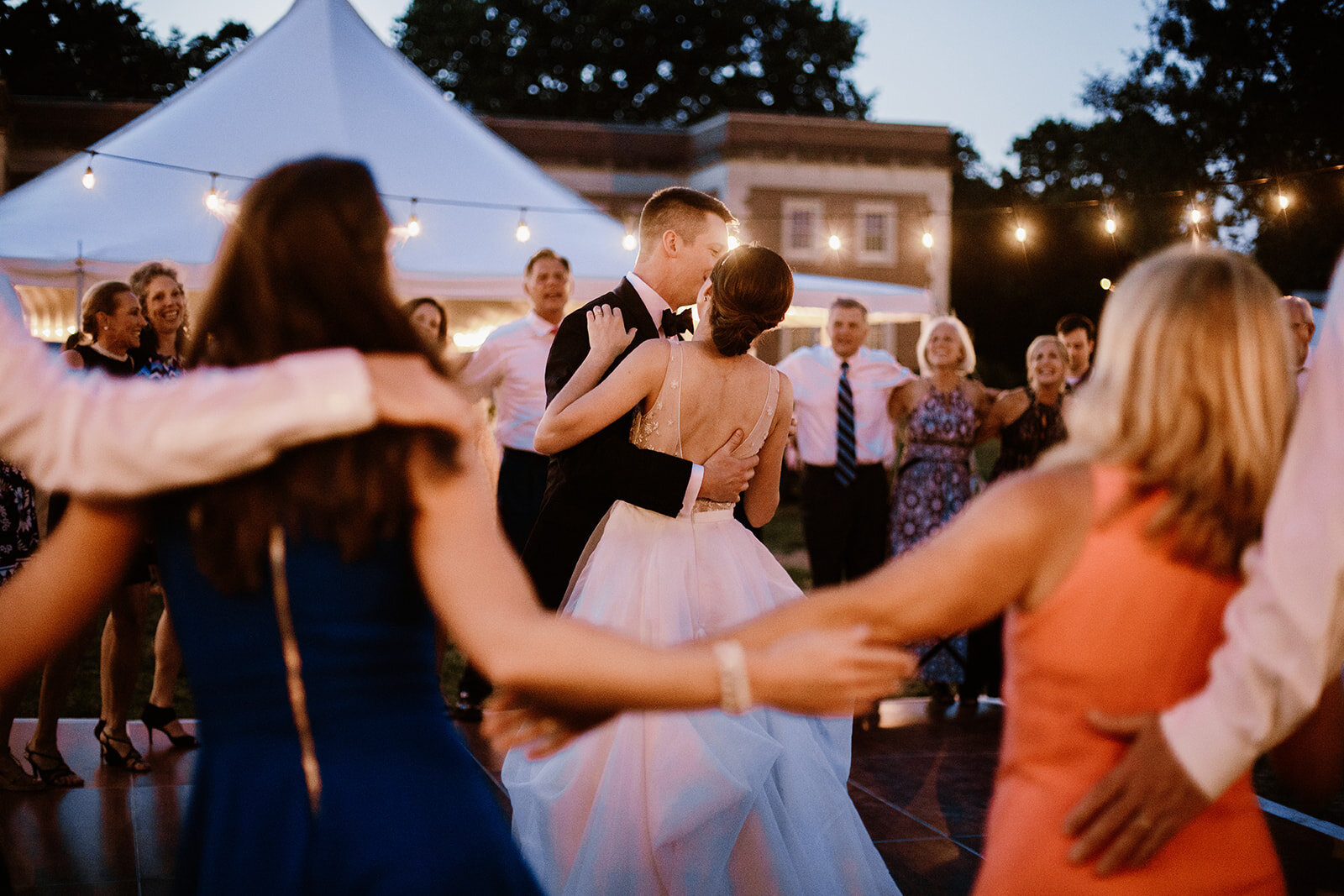  Bride and Groom Dancing | Sarah Mattozzi Photography | Ball Gown Wedding dress and Black Tux | Outdoor Classic Wedding at Third Church and Veritas School | Richmond Wedding Photographer 