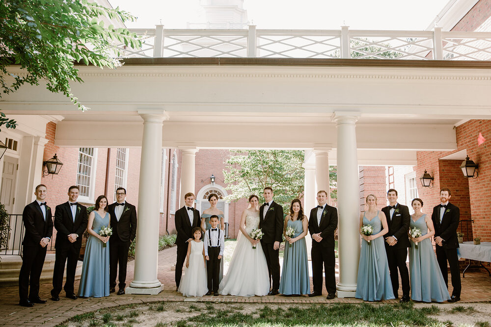  Wedding Party Portraits with Light Blue Bridesmaids Dresses | Sarah Mattozzi Photography | Ball Gown Wedding Dress and Black Tux | Outdoor Classic Wedding at Third Church and Veritas School | Richmond Wedding Photographer 