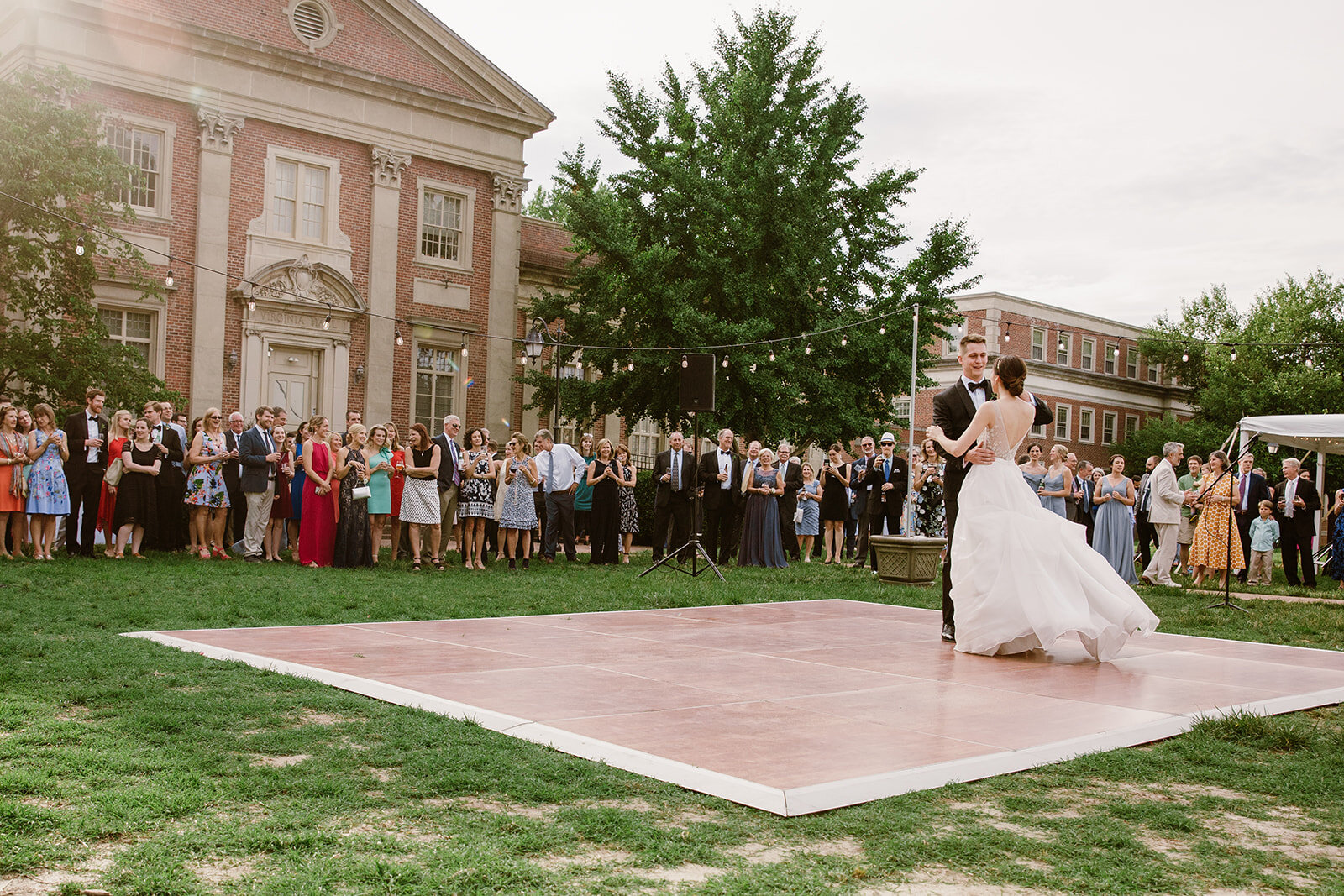  Bride and Groom Dancing | Sarah Mattozzi Photography | Ball Gown Wedding dress and Black Tux | Outdoor Classic Wedding at Third Church and Veritas School | Richmond Wedding Photographer 