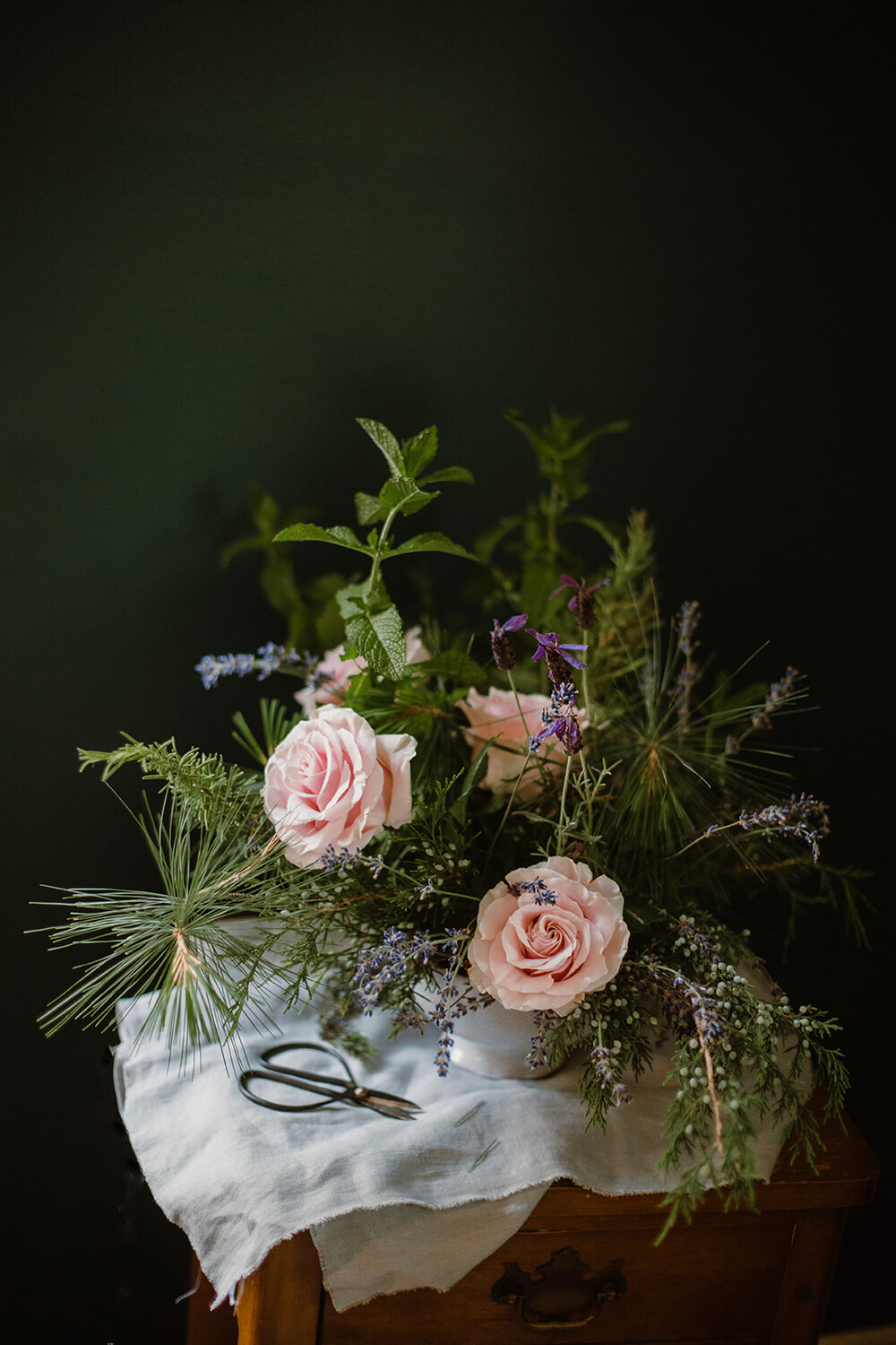  Still life of roses, lavender, and pine | Be Mindful Skincare | Sarah Mattozzi Photography 