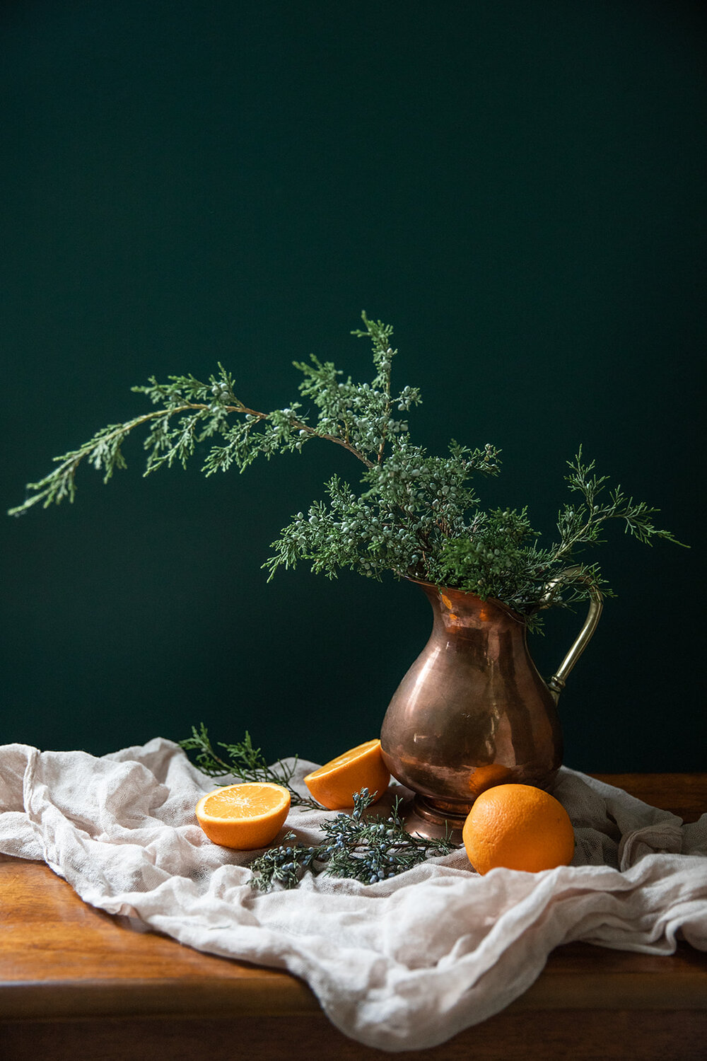  Juniper still life with copper pitcher | Be Mindful Skincare | Sarah Mattozzi Photography 