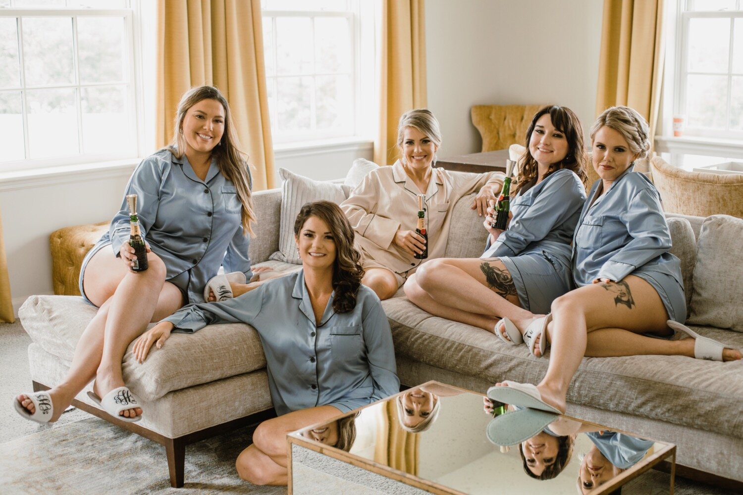  Wedding party getting ready | Sarah Mattozzi Photography | Black tie wedding at The Historic Cavalier Hotel, Virginia Beach | Tropical, elegant wedding inspiration, black tux groom, glam bride, greenery bouquets, sentimental, classic, minimalist wed