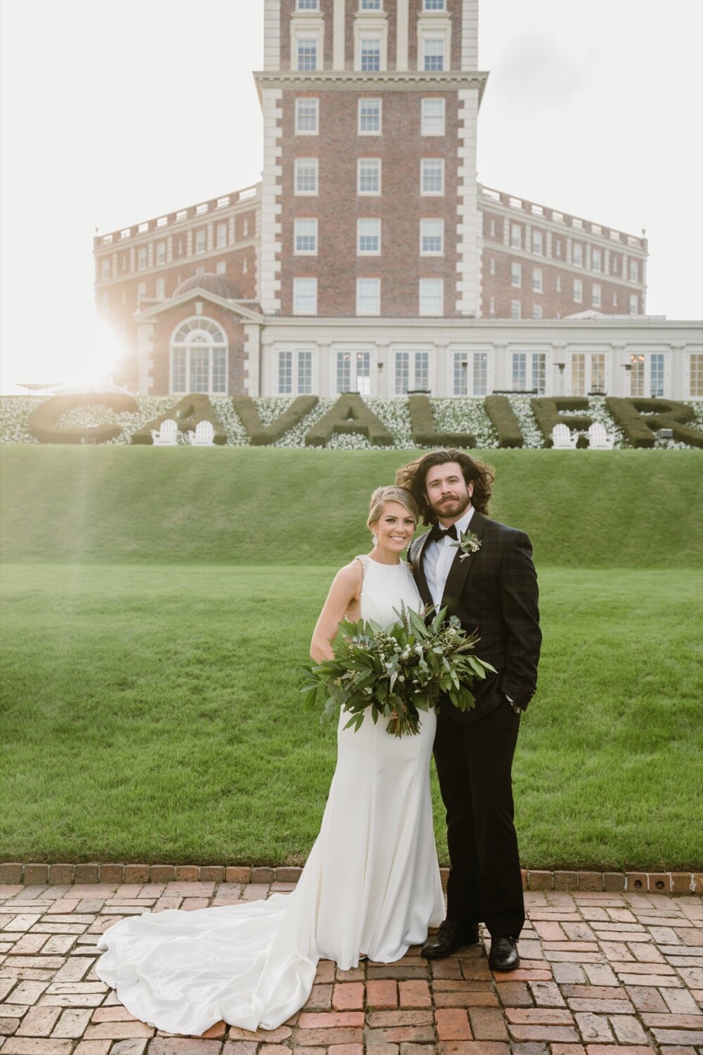  Bride and groom portraits | Sarah Mattozzi Photography | Black tie wedding at The Historic Cavalier Hotel, Virginia Beach | Tropical, elegant wedding inspiration, black tux groom, glam bride, greenery bouquets, sentimental, classic, minimalist weddi