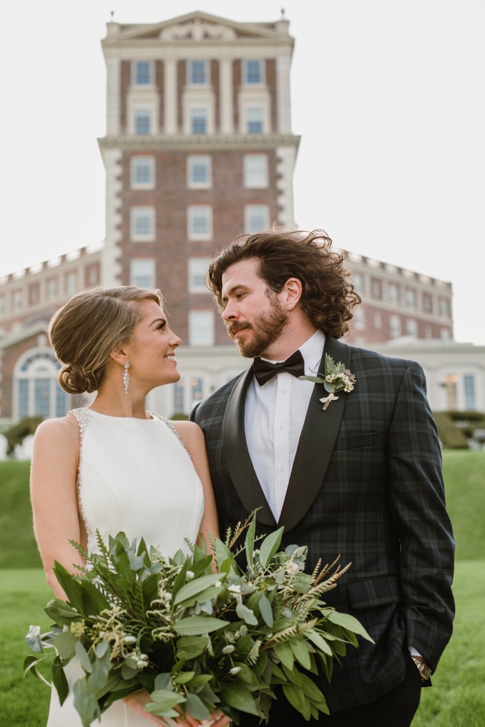  Bride and groom portraits | Sarah Mattozzi Photography | Black tie wedding at The Historic Cavalier Hotel, Virginia Beach | Tropical, elegant wedding inspiration, black tux groom, glam bride, greenery bouquets, sentimental, classic, minimalist weddi