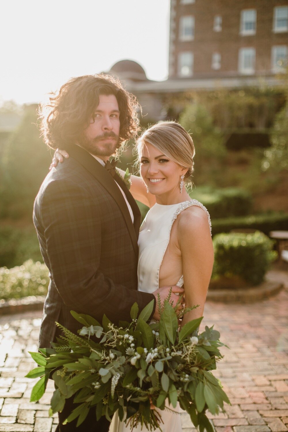  Bride and groom portraits | Sarah Mattozzi Photography | Black tie wedding at The Historic Cavalier Hotel, Virginia Beach | Tropical, elegant wedding inspiration, black tux groom, glam bride, greenery bouquets, sentimental, classic, minimalist weddi