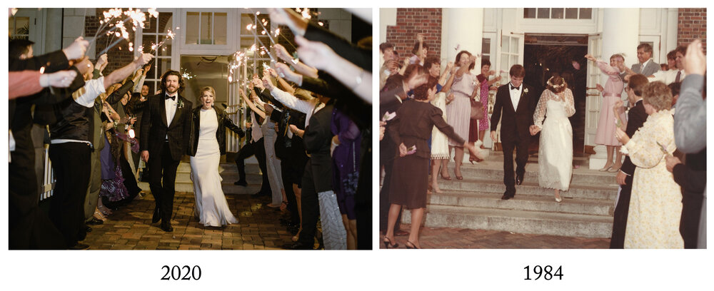  Wedding comparison photos, then and now | Sarah Mattozzi Photography | Black tie wedding at The Historic Cavalier Hotel, Virginia Beach | Tropical, elegant wedding inspiration, black tux groom, glam bride, greenery bouquets, sentimental, classic, mi