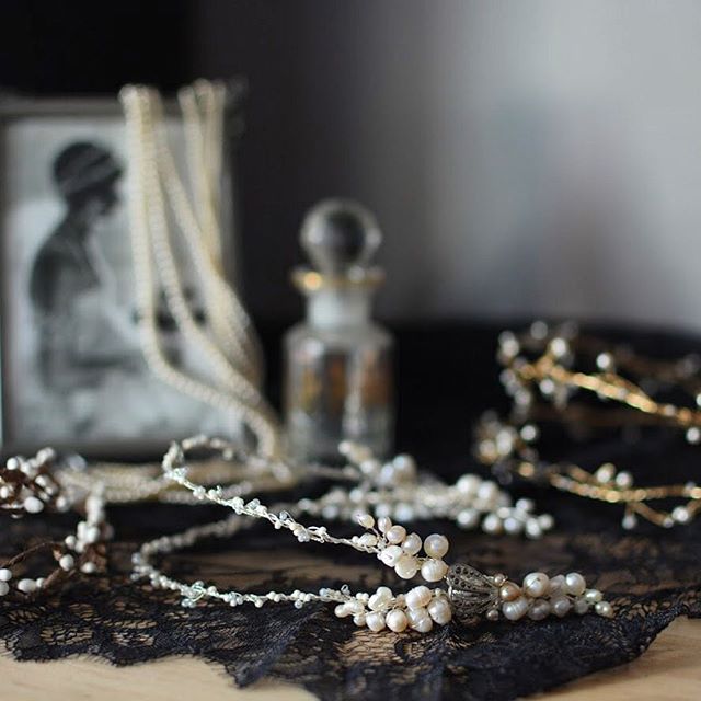 Details, details in fading evening light. A few of our Edward inspired headpieces, antique pearls, and a soft print of Natica Nast, in Vogue 1920 (daughter of famed media mogul Cond&eacute; Nast). If only my dresser looked like this all the time...
&