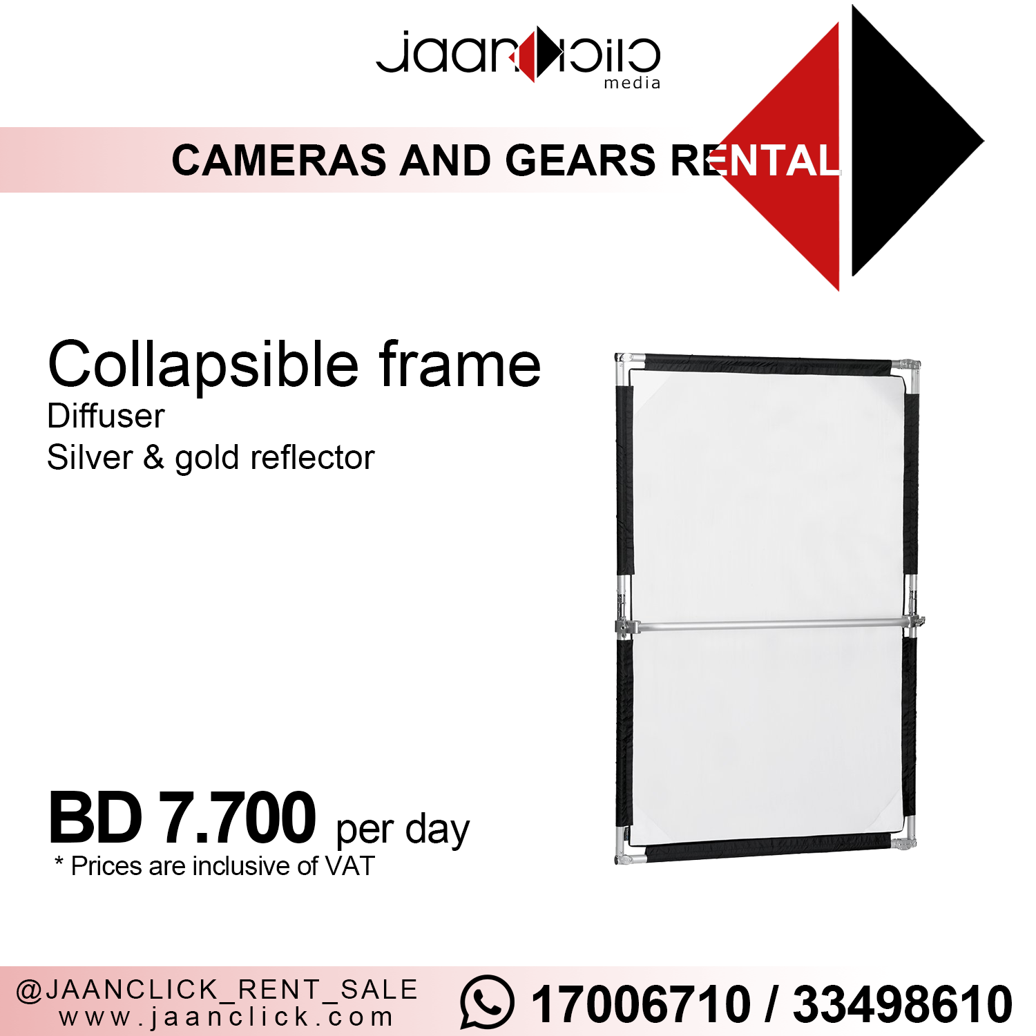 Collapsible diffuser and reflector frame for rent