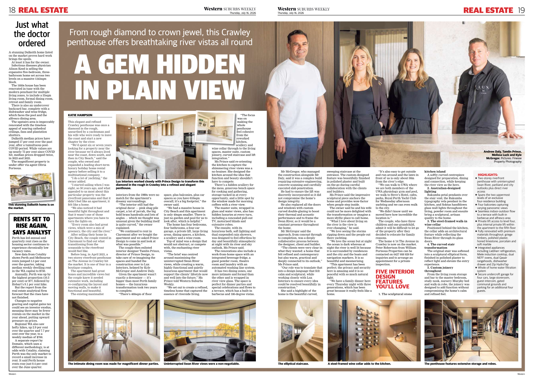 A two-page spread of a newspaper article about a luxury penthouse, showing a large photo of four people and several interior rooms. Prince Design Featured in Western Weekly.