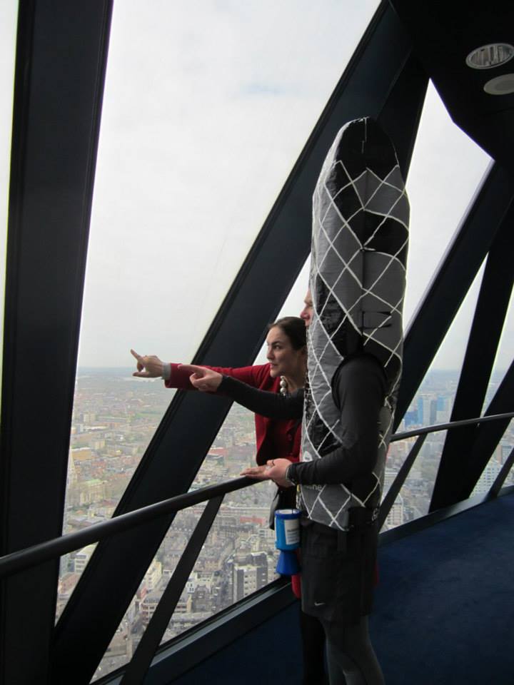 Pointing out the Olympic Stadium in the view east