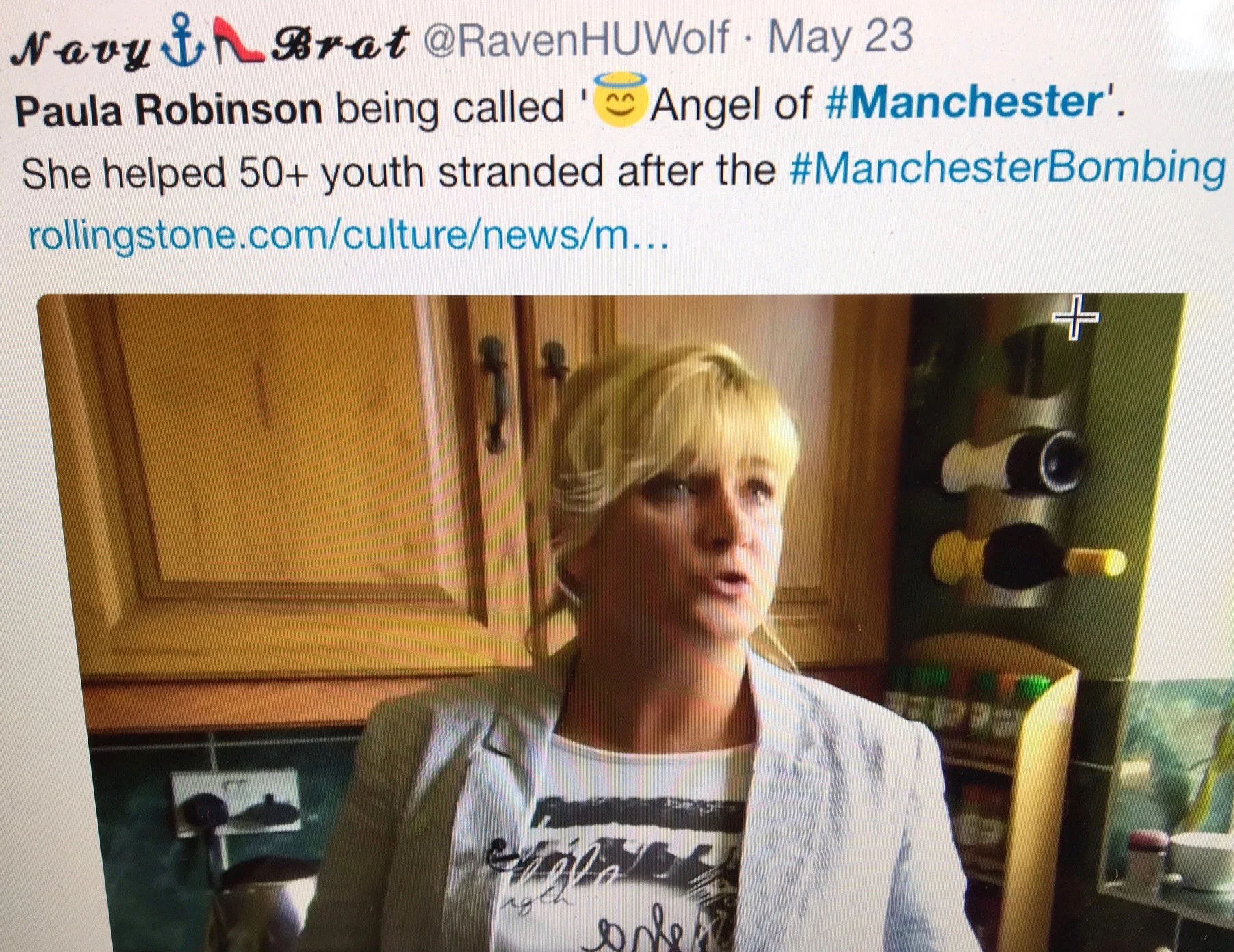 Paula Robinson was one of the many people who's instant response was kindness. Moments after the blast she gathered around 50 scared teenagers and took them to Manchester Piccadilly's Premier Inn to keep them safe. She used social media to alert their frantic parents. 
