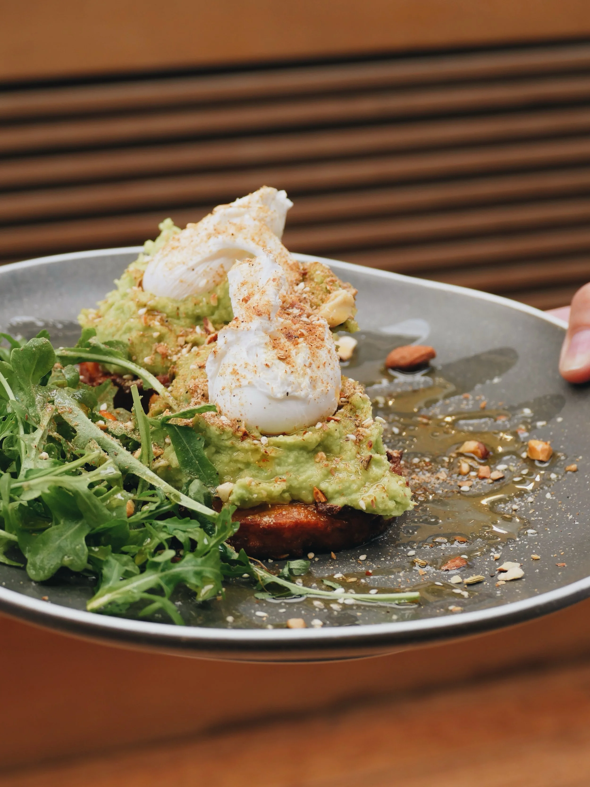 Avo and poached eggs on homemade hash brown. Add bacon, mushrooms or salmon extra. Served from 8am - 2pm 👍✌️
