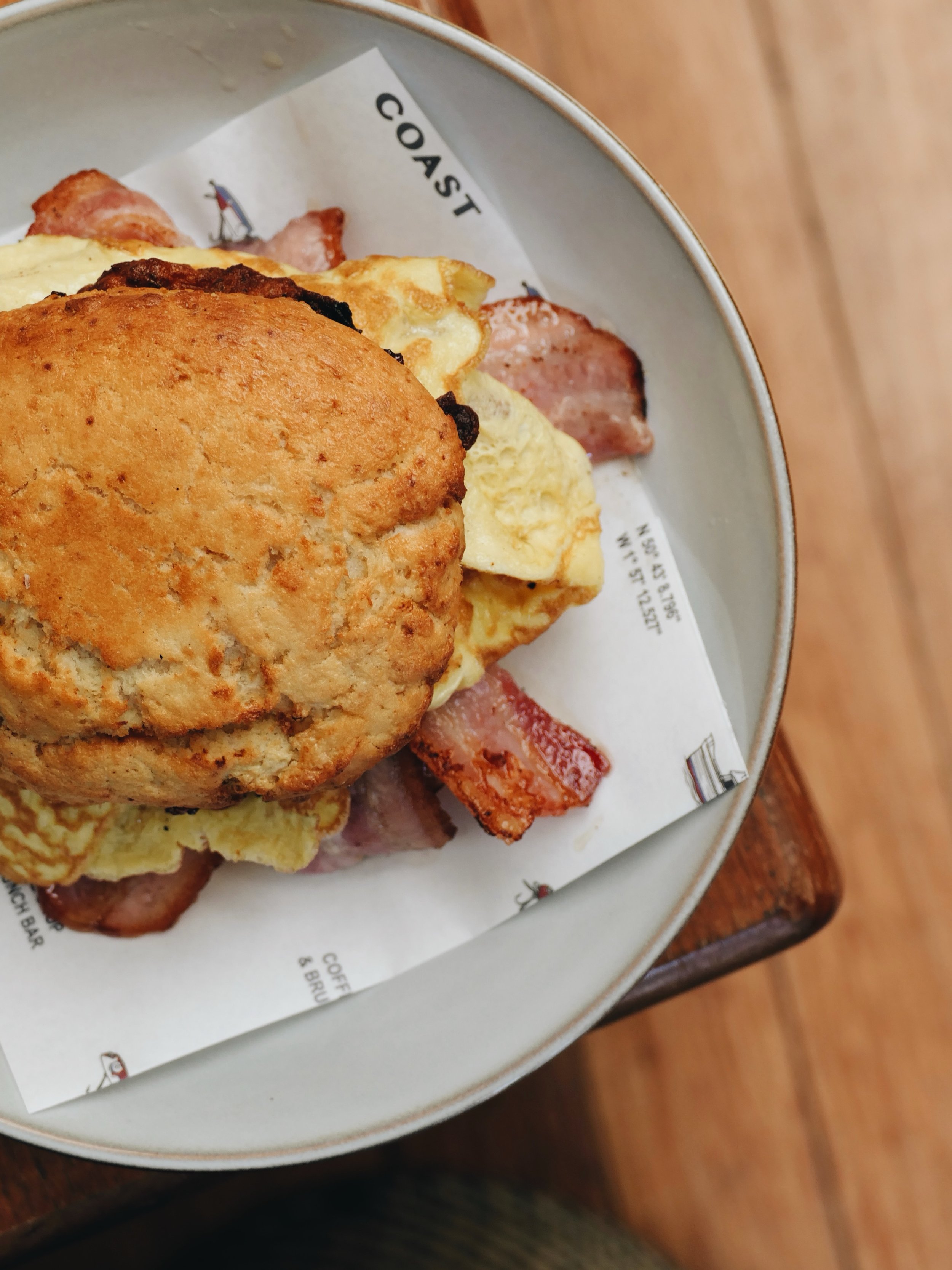 Breakfast biscuit: house biscuit stacked with bacon, egg, sausage patty, hash brown and chilli jam. Served from 8am till 2pm 👍✌️