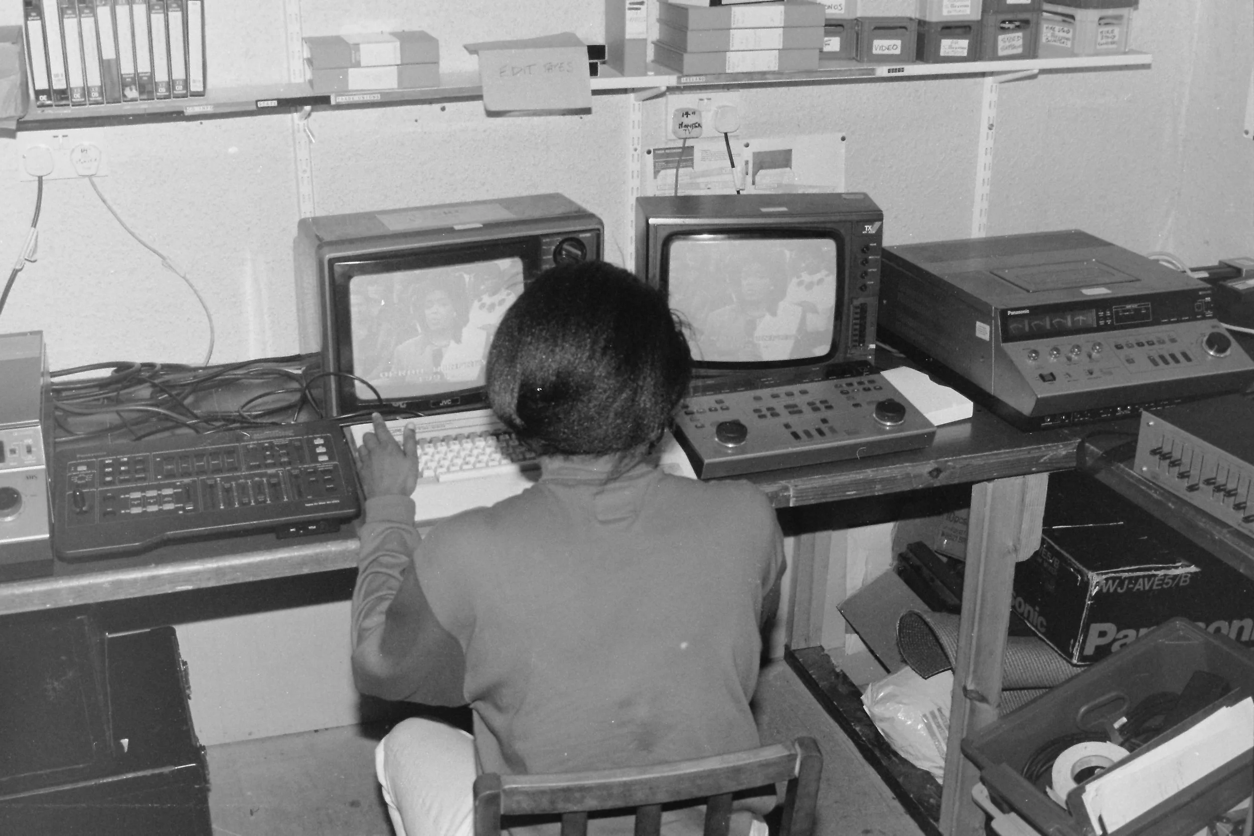  Audrey editing VHS analogue tape at Birmingham Trades Union Resouce Centre in the 1980’s 