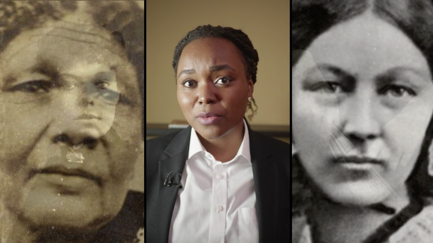  Still from  Waiting for myself to appear  featuring Mary Seacole (left), Esther Niles as Alisha Gumbs (centre), and Florence Nightingale (right) 