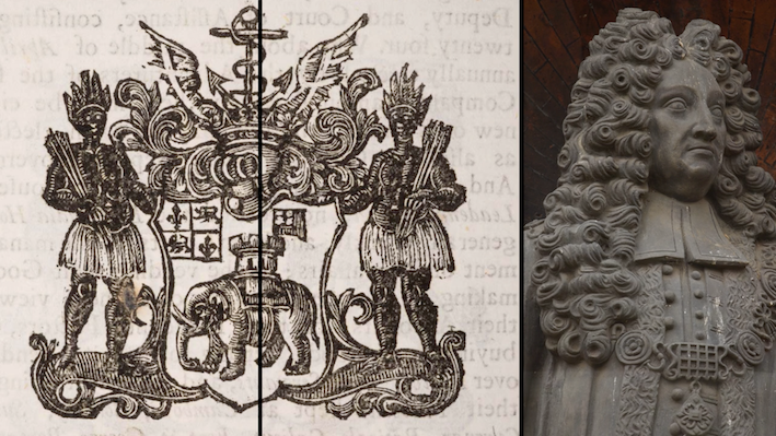 Still from  Waiting for myself to appear  featuring the Royal Africa Company’s coat of arms (left), and Sir Robert Geffrye’s statute (right) at the Museum of the Home (formerly Geffrye Museum) 