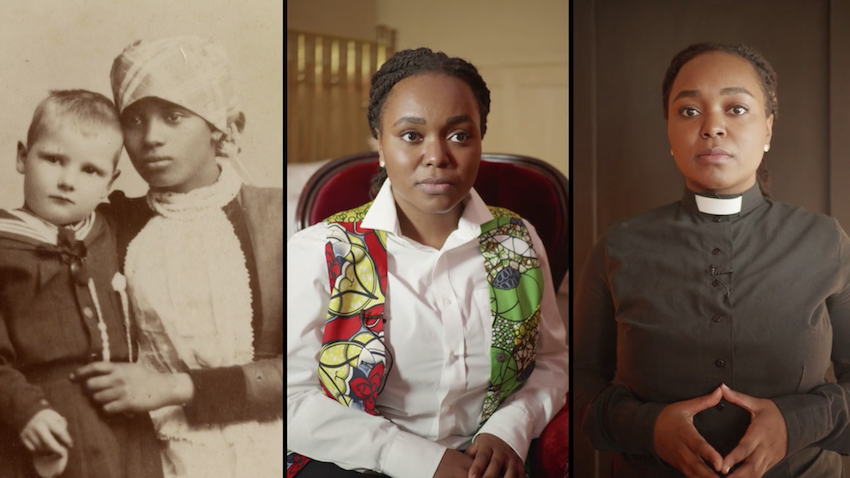 Still from  Waiting for myself to appear  featuring archive image from Autograph ABP (left), Esther Niles as Mary-Ann (centre), and Esther Niles as the Reverend in Spanish Town, Jamaica (right) 