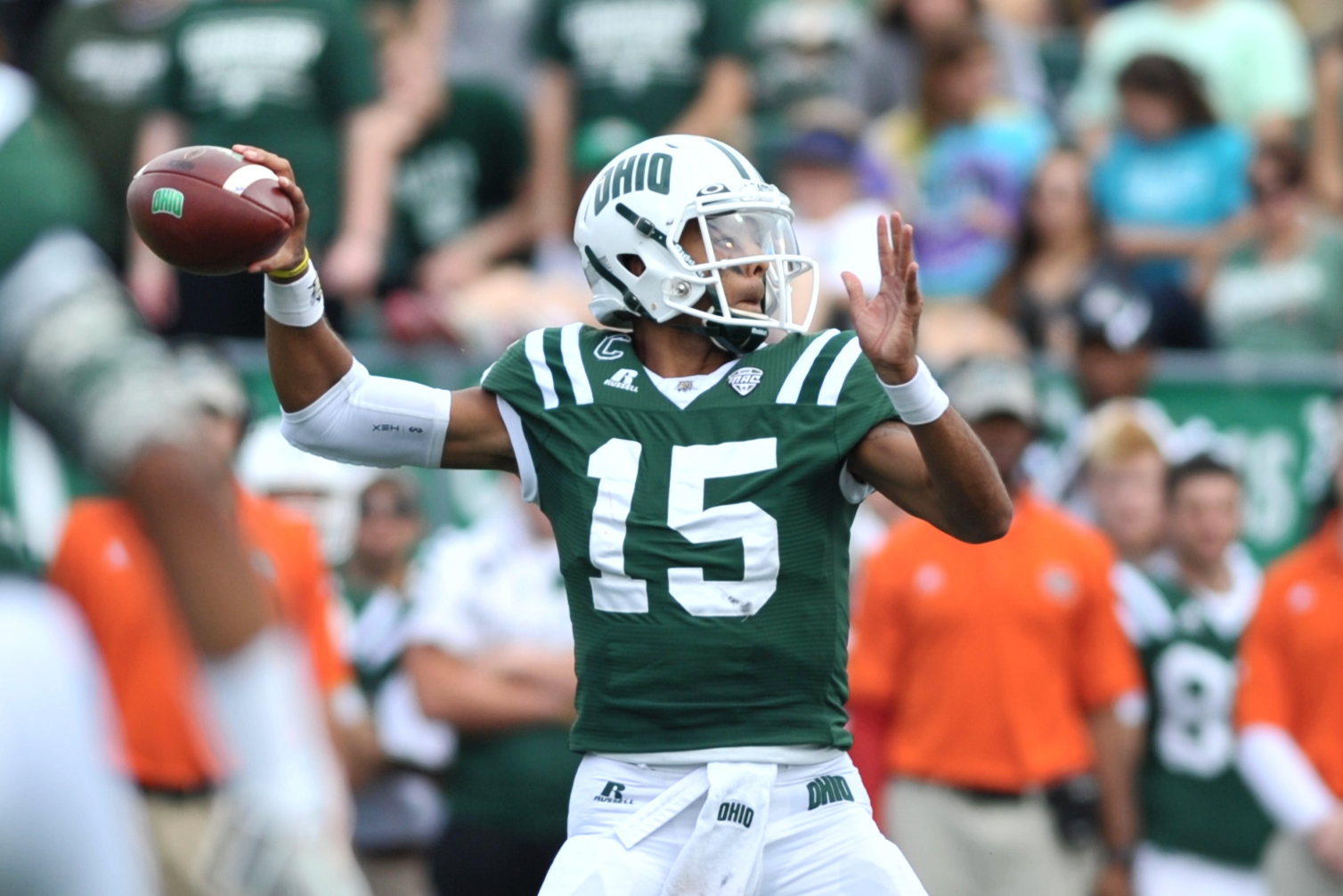 Ohio Bobcats quarterback Derrius Vick looks to pass the ball during the Bobcats' game against Southeastern Louisiana University on September 19, 2015, at Peden Stadium in Athens, Ohio.