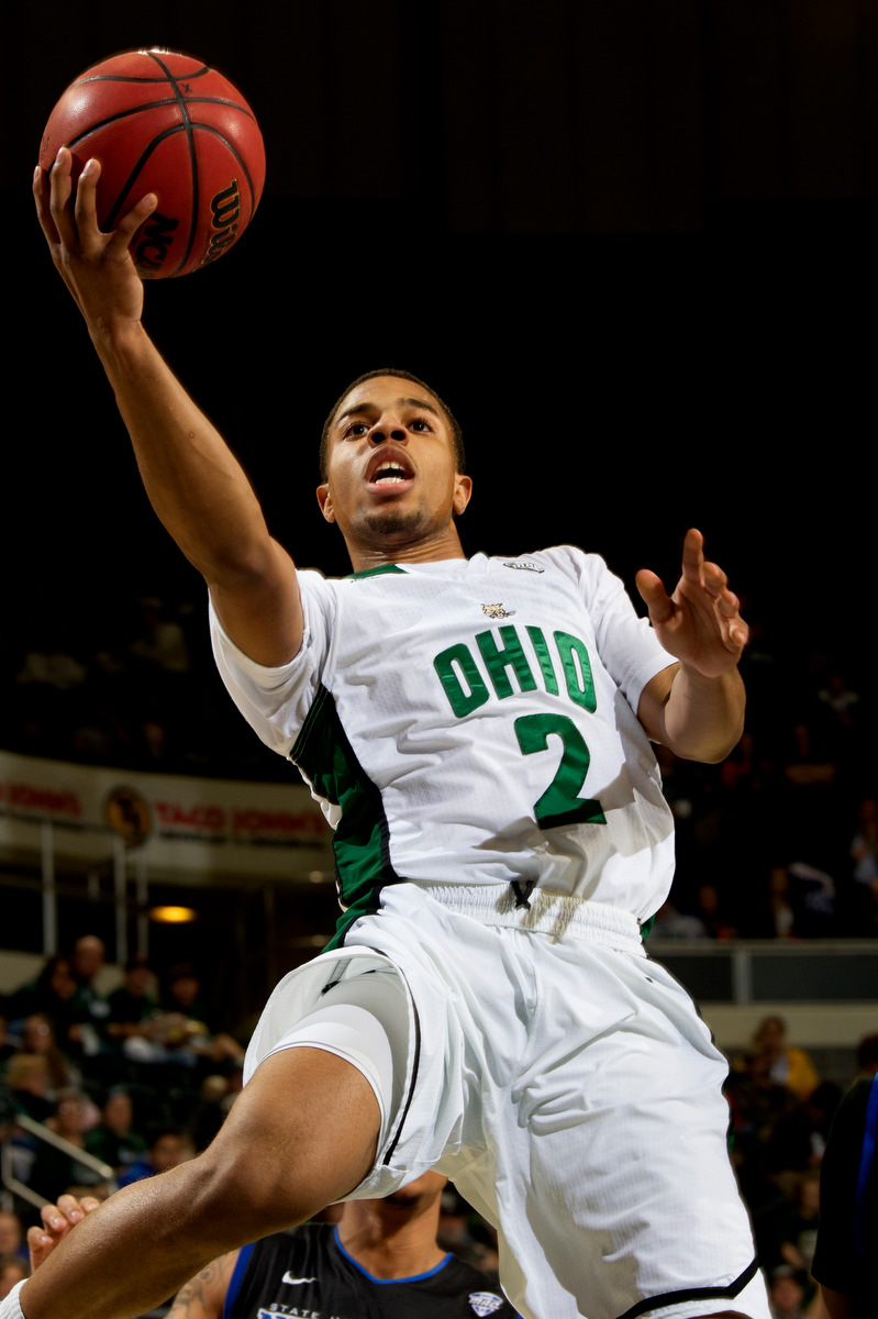 Ohio Bobcats guard Jaaron Simmons (2) scores for the Bobcats. Simmons would go on to receive a career-high 31 points during the game.