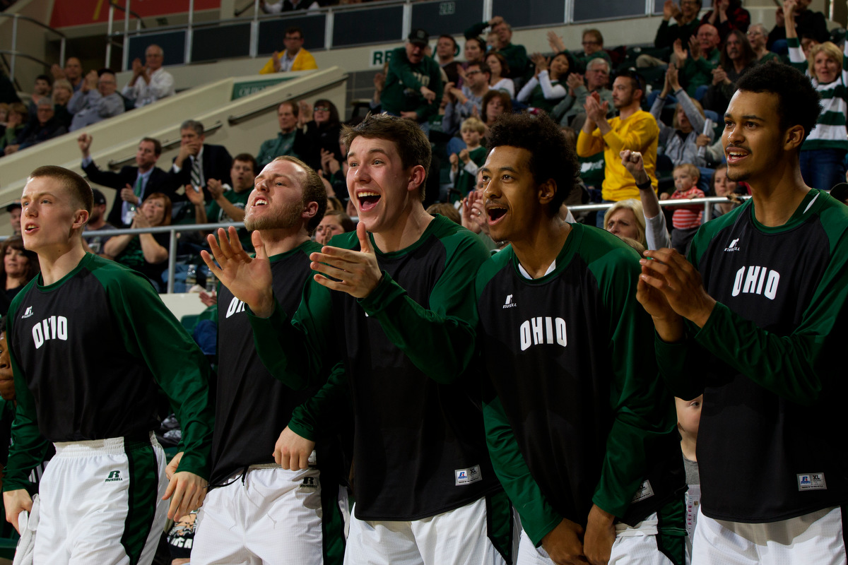 Ohio Bobcats players react to points scored during the game. The Ohio Bobcats bench was featured on ESPN earlier this month as giving competition to ESPN's current "best bench in basketball," the Monmouth Hawks.