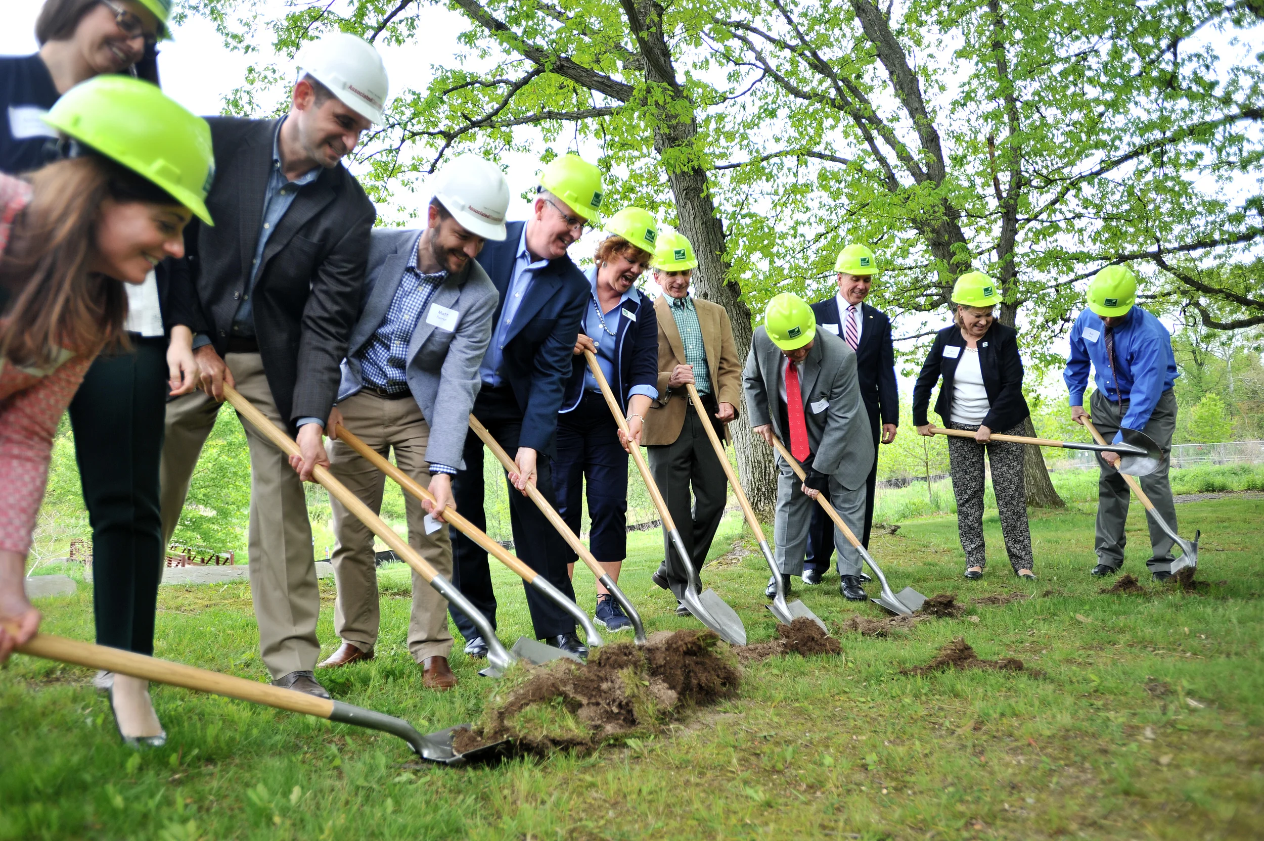 Members of the Berks Nature board and representatives from various planning agencies break ground during a ceremony held on May 18, 2016, to mark the start of building Berks County's new nature center in Reading, Pennsylvania.