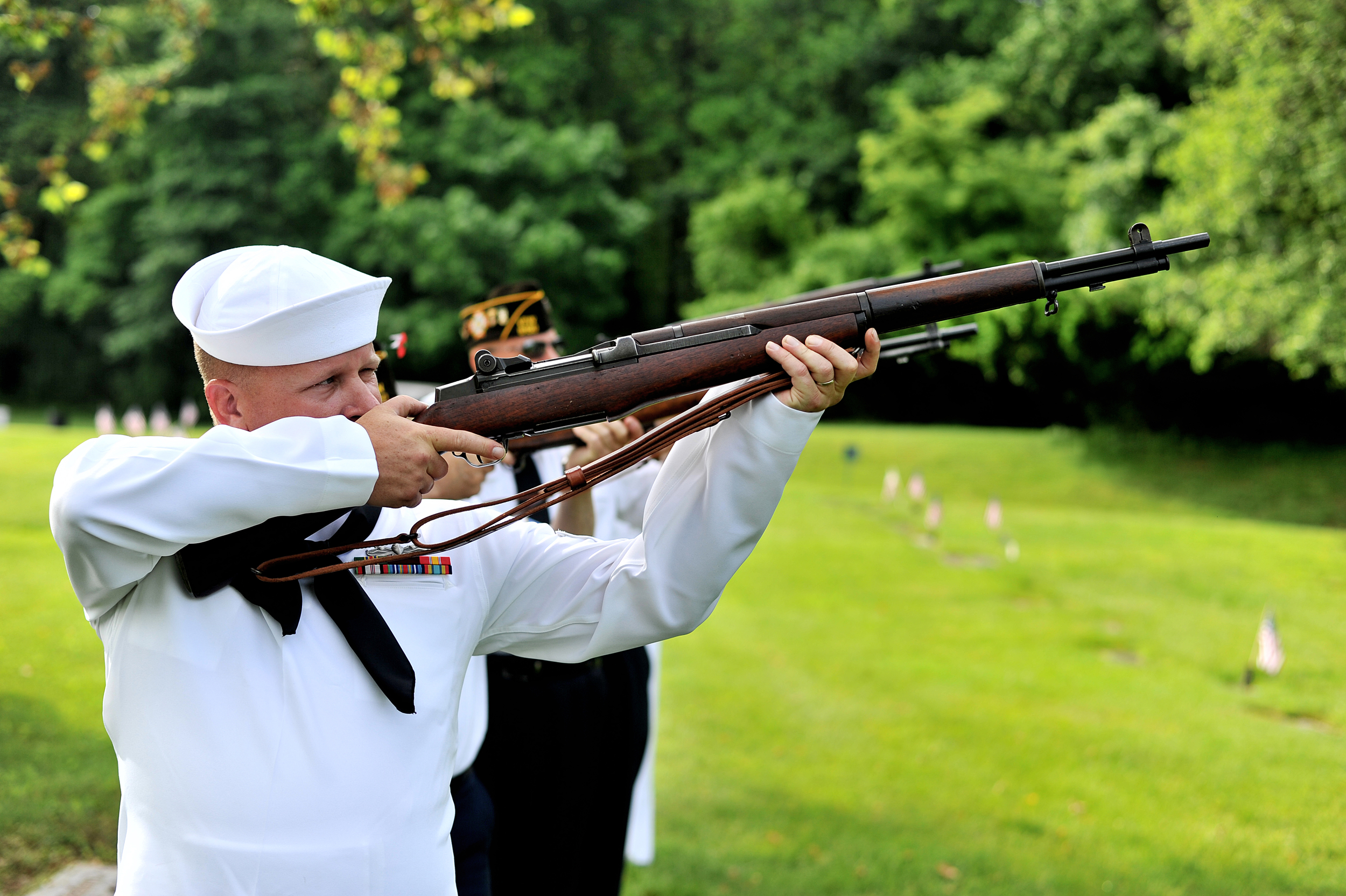 Darren Packer, member of VFW Post 6150, prepares for the gun salute at the Sinking Spring VFW service in Sinking Spring Township, PA, on May 30, 2016. (Reading Eagle: Sarah Stier)