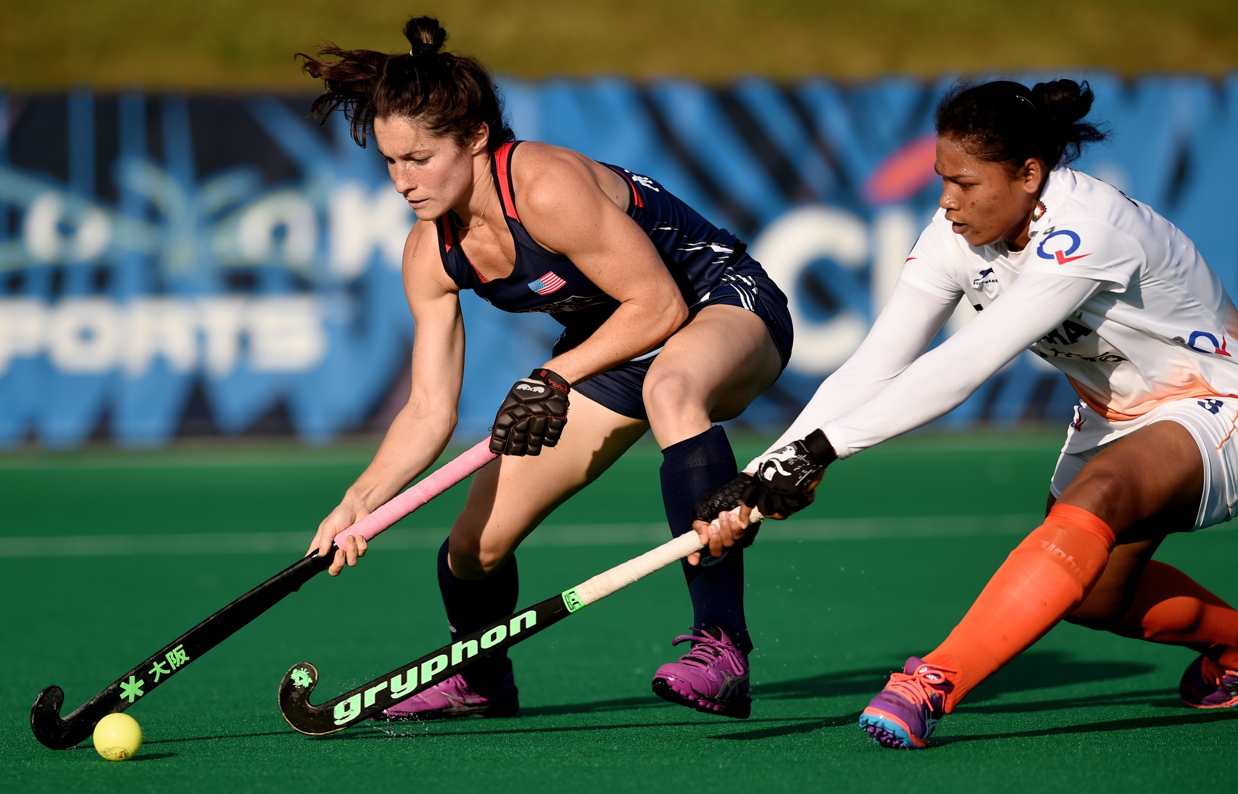Michelle Vittese fights to keep the ball at the USA National Field Hockey Team's scrimmage against India at Spooky Nook in Manheim, PA, on July 20, 2016. (Reading Eagle: Sarah Stier)