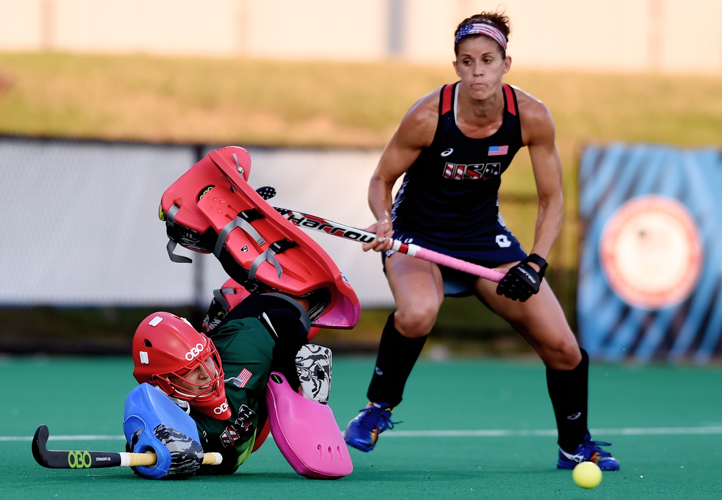 Goalkeeper Jackie Briggs of Robesonia dives to stop India from scoring at the USA National Field Hockey Team's scrimmage against India at Spooky Nook in Manheim, PA, on July 20, 2016. Briggs, a native of Berks County, will be traveling to Rio de Janeiro as part of the USA Field Hockey Olympic Team. (Reading Eagle: Sarah Stier)