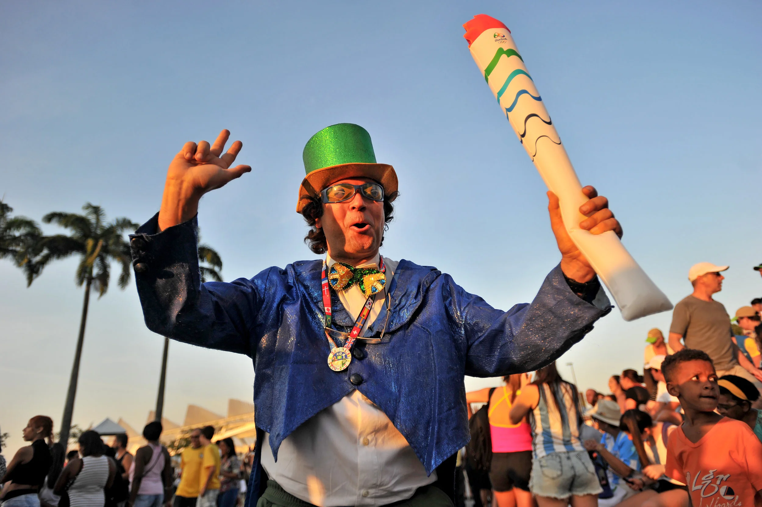 Brazilian native Vladimir De Souza is decked out in an outfit made up of the Brazilian flag and an inflatable Olympic torch at the Opening Ceremony celebration at Olympic Boulevard in Rio de Janeiro, Brazil, on August 5, 2016. (Sarah Stier | Ball State at the Games)
