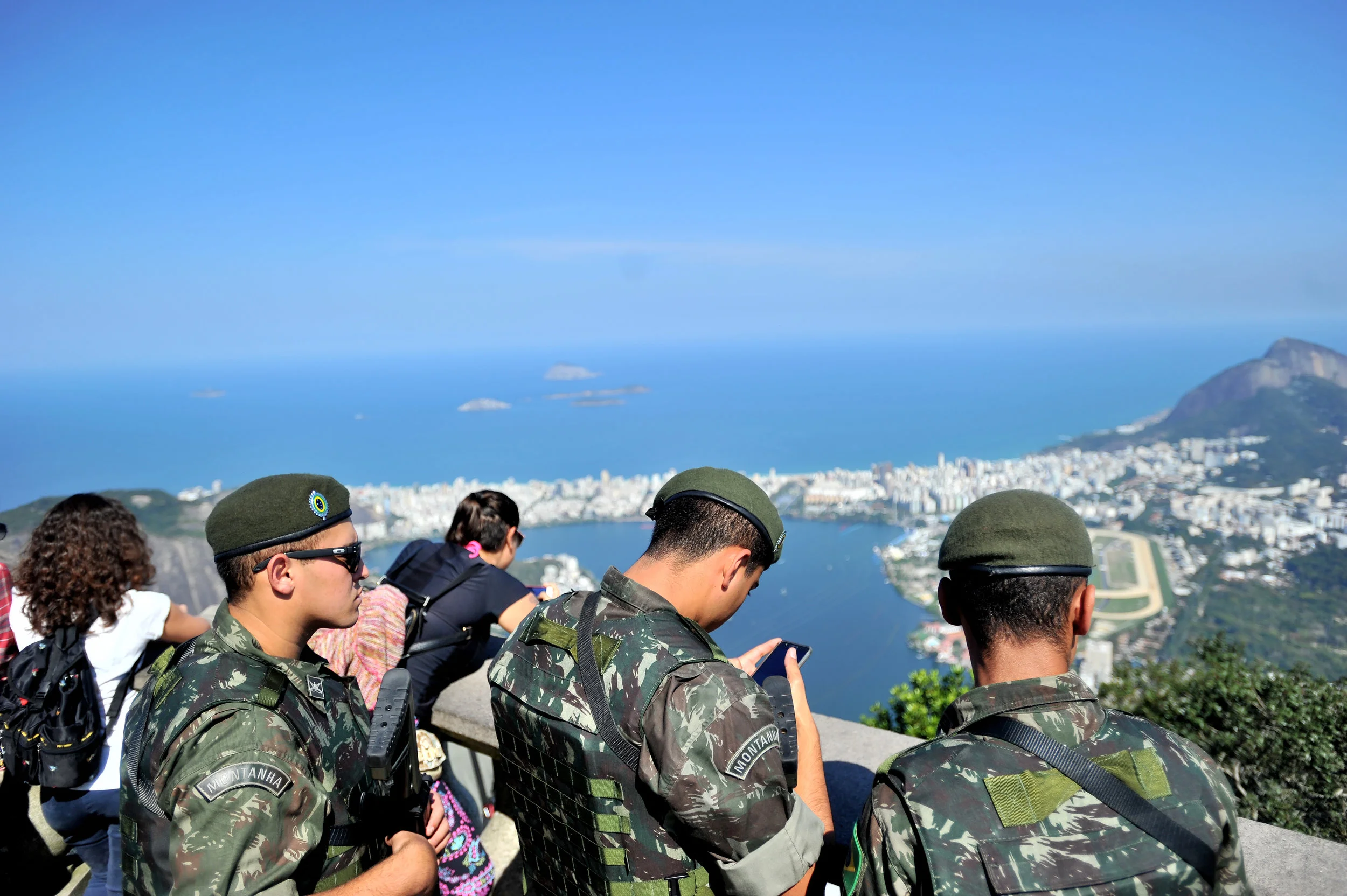 Military guards keep watch at the Statue of Christ the Redeemer in Rio de Janeiro, Brazil, on August 5, 2016. (Sarah Stier | Ball State at the Games)