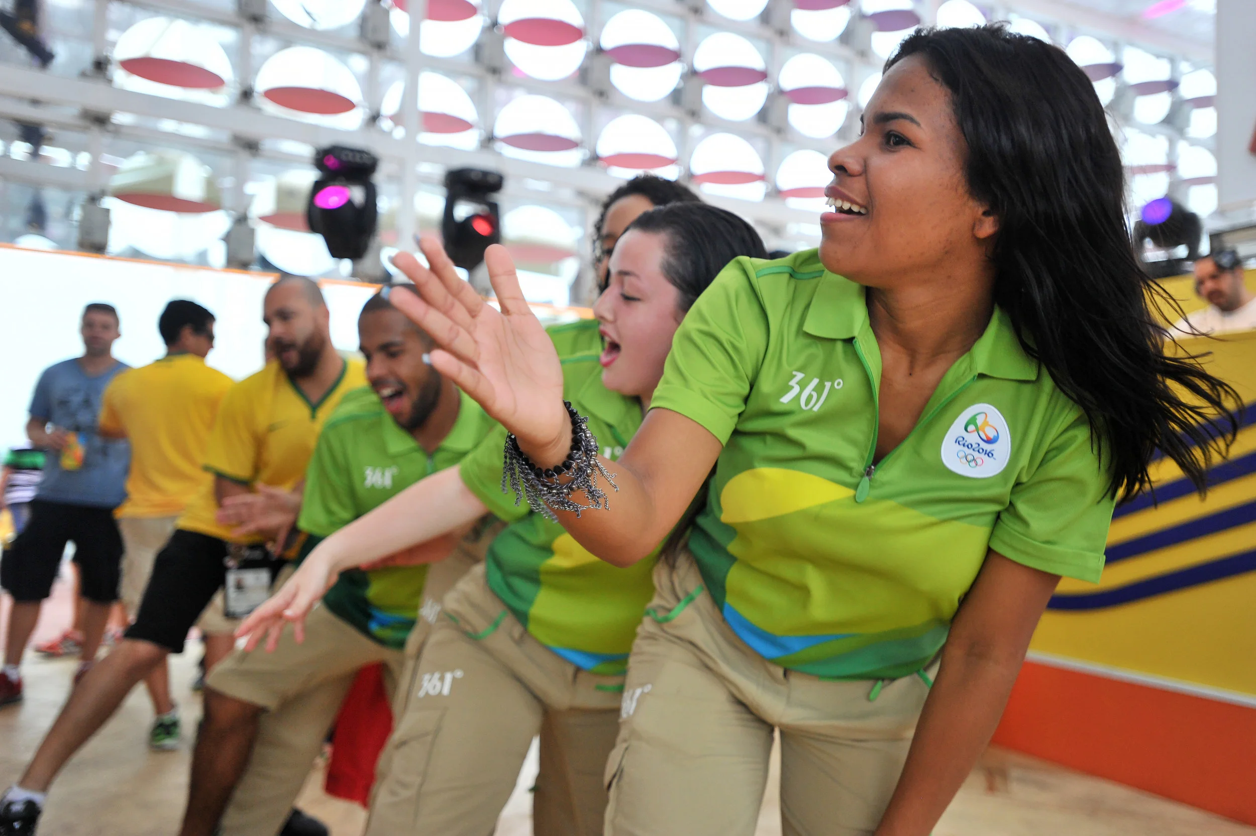 Olympic volunteers dance to pop music at the Olympic Park in Rio de Janeiro, Brazil, on August 8, 2016. (Sarah Stier | Ball State at the Games)