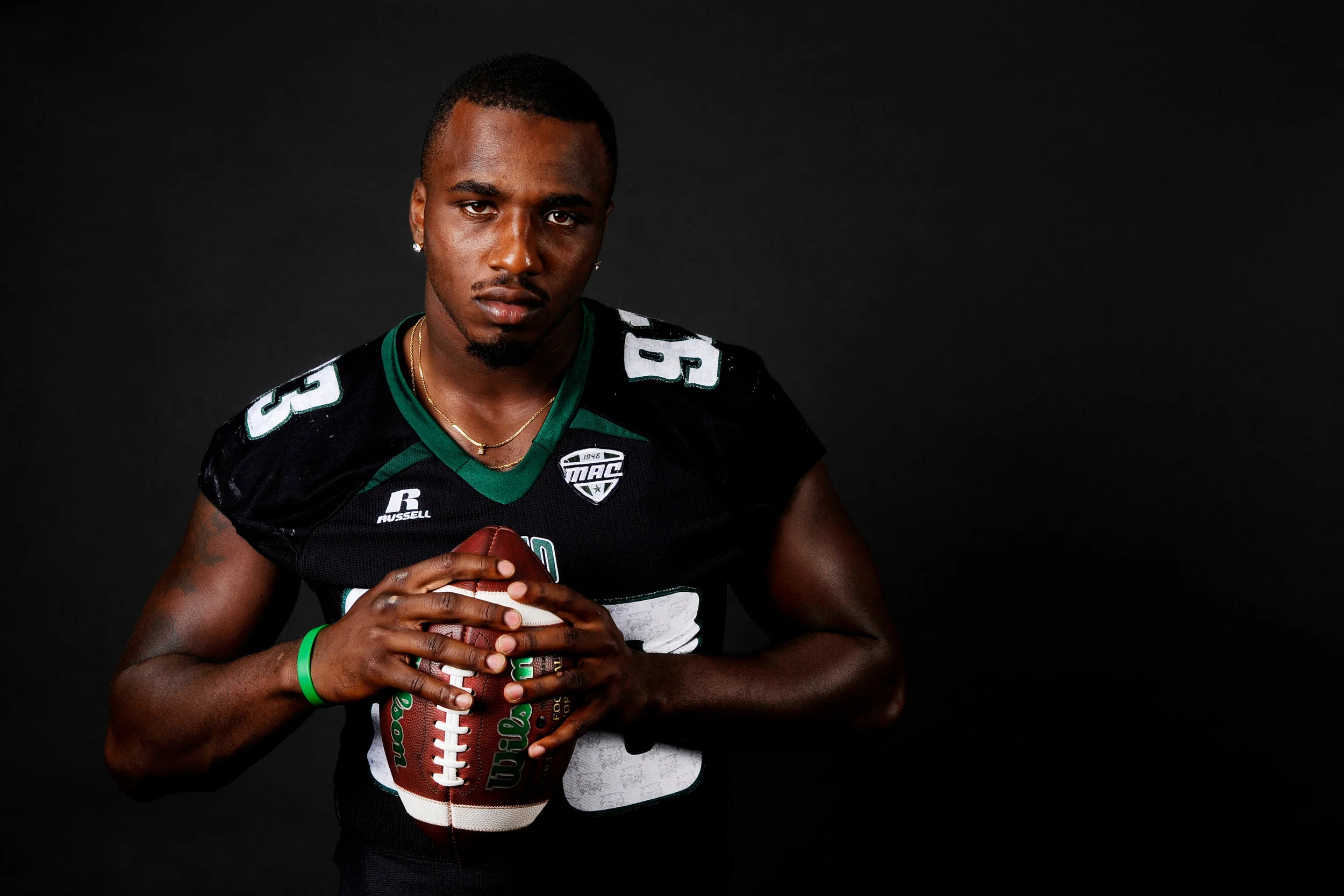 Senior defensive lineman Tarell Basham of Rocky Mount, Va., mean-muggin during Ohio Football's photo day on August 27, 2016. (Sarah Stier | Ohio Athletics)