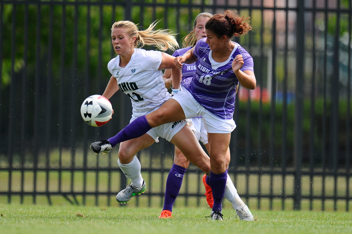 Sophomore defender Mikaela McGee of Mason, Ohio, fights off a player from High Point University during the Bobcats' game against High Point on August 28, 2016. The Bobcats lost in overtime.