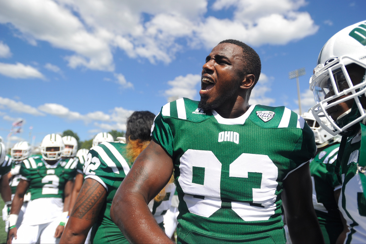Ohio senior defensive lineman Tarell Basham pumps up the team before the game against Texas State on September 3, 2016, in Athens, Ohio. After a back and forth game that went into triple overtime, the Bobcats dropped the game to Texas State 56-54.