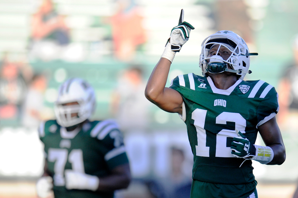Ohio's senior wide receiver Jordan Reid looks to the sky after scoring a touchdown during the game against Texas State on September 3, 2016, in Athens, Ohio. After a back and forth game that went into triple overtime, the Bobcats dropped the game to Texas State 56-54.