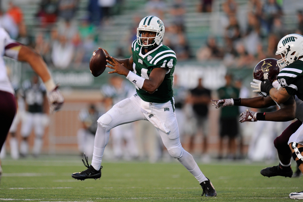 Ohio's senior quarterback Greg Windham looks to pass during the game against Texas State on September 3, 2016, in Athens, Ohio. After a back and forth game that went into triple overtime, the Bobcats dropped the game to Texas State 56-54.