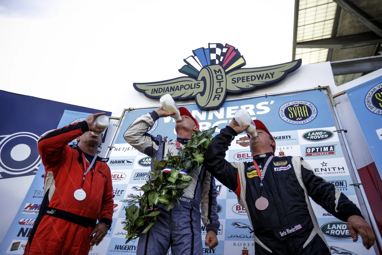 Winners of one the day's earliest races celebrate in the Winner's Circle at the SVRA Brickyard Vintage Race at Indianapolis Motor Speedway on Saturday, June 17, 2017.