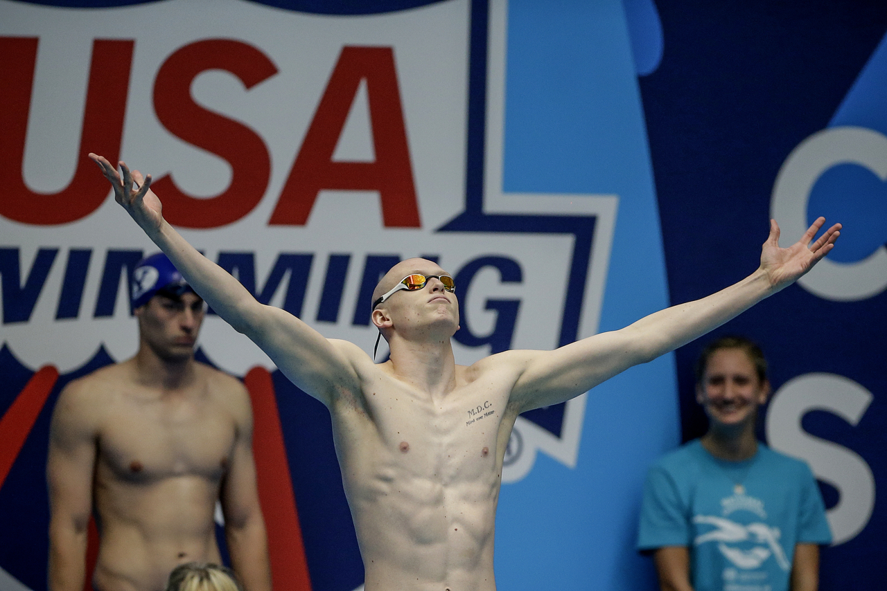 Zionsville Swim Club's Jack Franzmann gets pumped up before his 50-meter freestyle race at the Phillips 66 National Championships at IUPUI Natatorium in Indianapolis on Saturday, July 1, 2017.