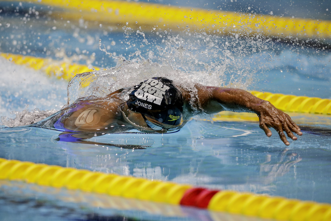 Cullen Jones during his 50-meter freestyle race at the Phillips 66 National Championships at IUPUI Natatorium in Indianapolis on Saturday, July 1, 2017. Two-time Olympian Jones finished third in the event behind second-place Nathan Adrian and winner Caeleb Dressel.