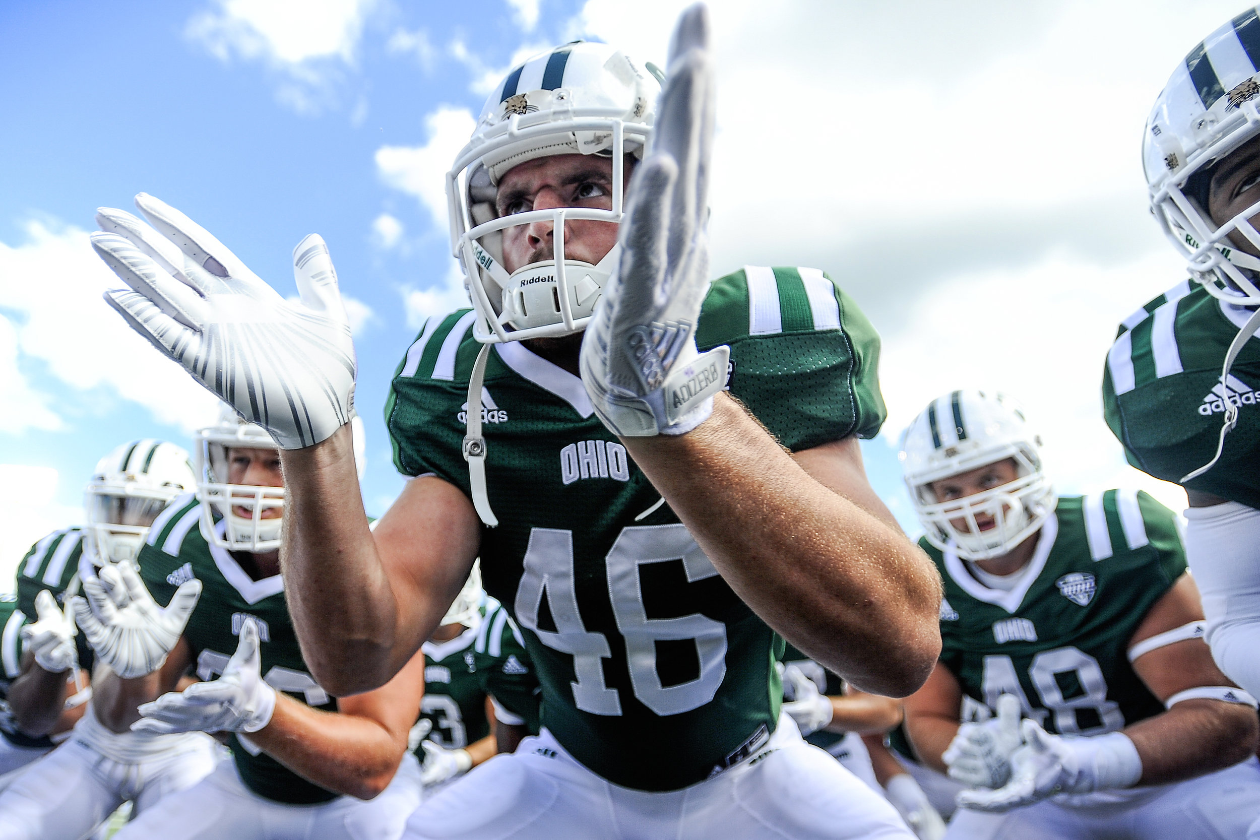  Ohio Bobcats senior linebacker Jacob Koons #46 participates in the team's pump-up cheer prior to the Bobcats' homecoming game against Central Michigan on October 7, 2017, in Athens, Ohio. 