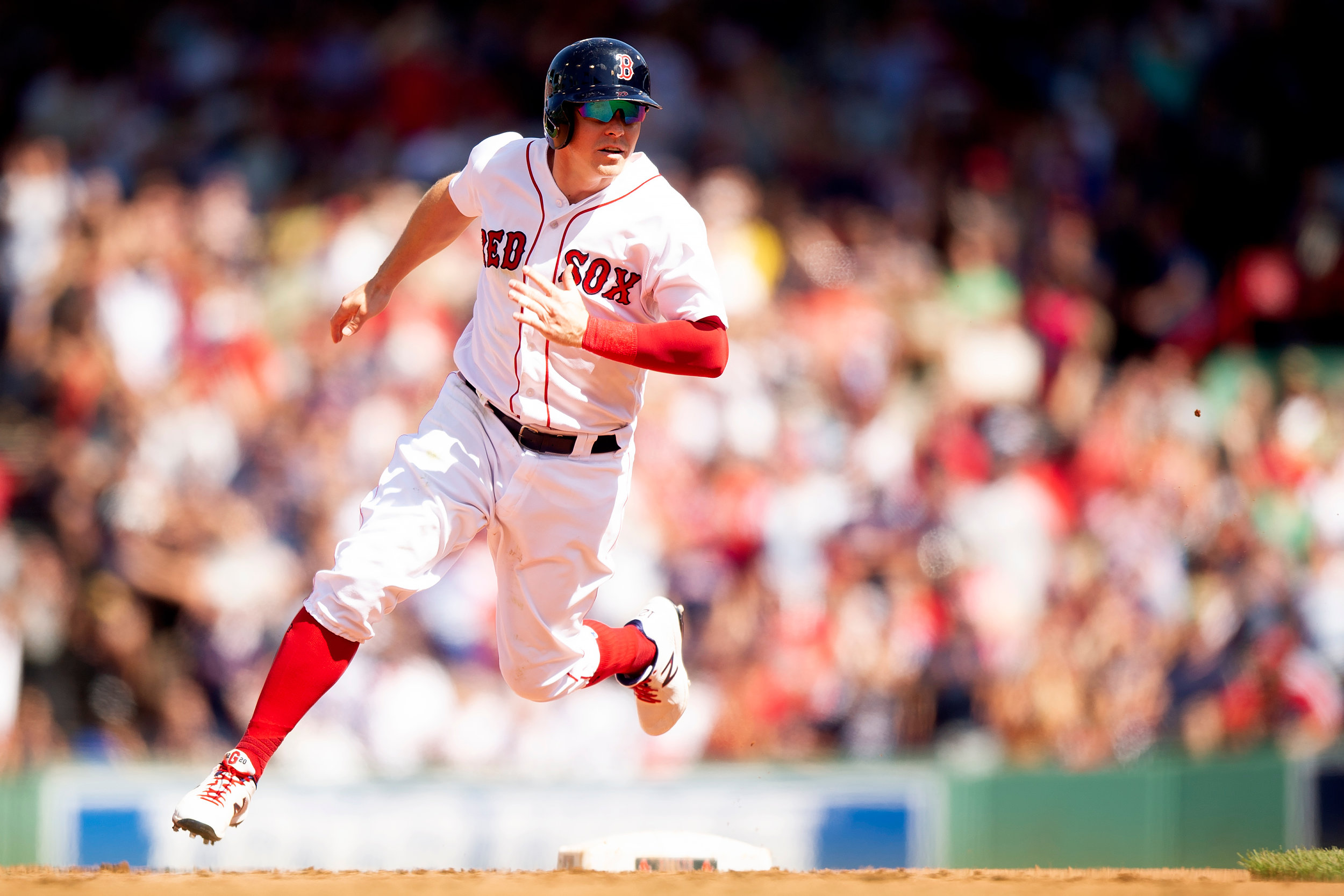  Boston Red Sox outfielder Brock Holt rounds second base during the game against the Cleveland Indians at Fenway Park in Boston, Massachusetts on Thursday, August 23, 2018. 