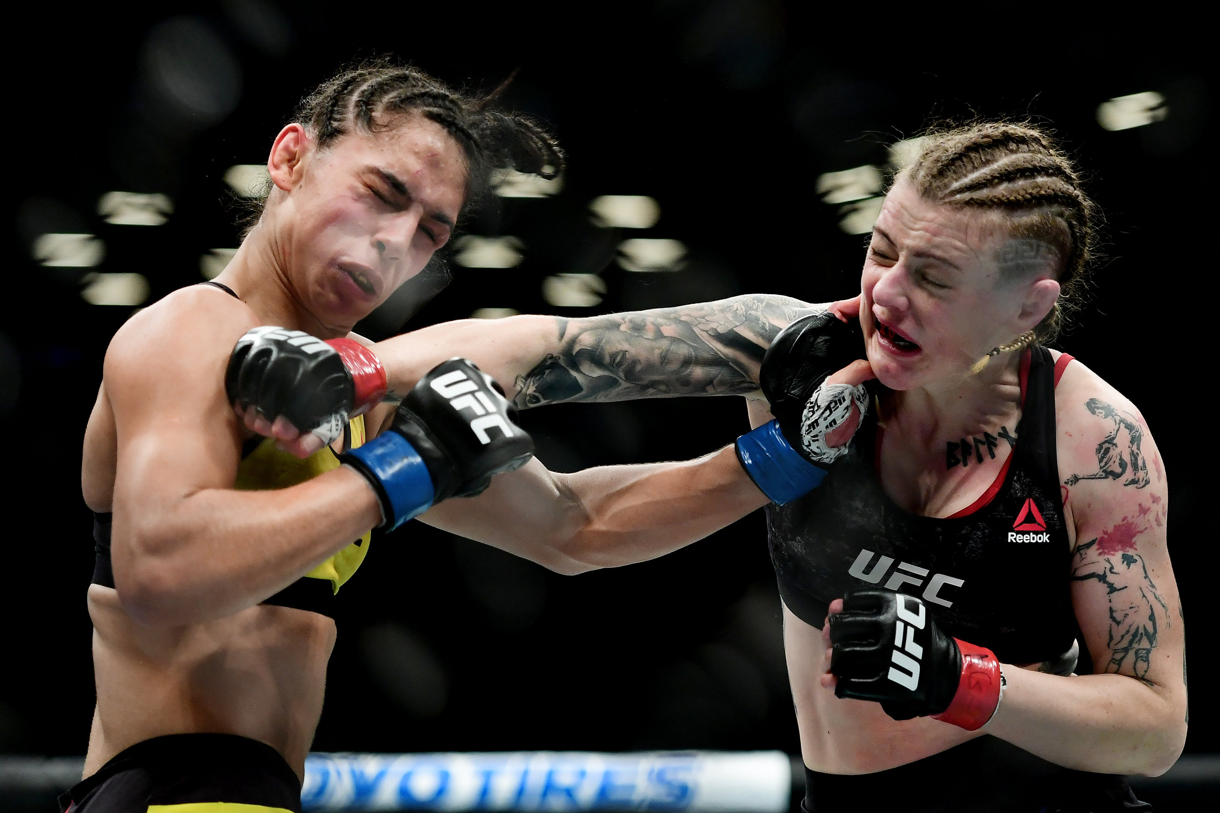  Joanne Calderwood of Scotland (R) fights against Ariane Lipski of Brazil during their Women's Flyweight fight at UFC Fight Night at Barclays Center on January 19, 2019 in New York City. 